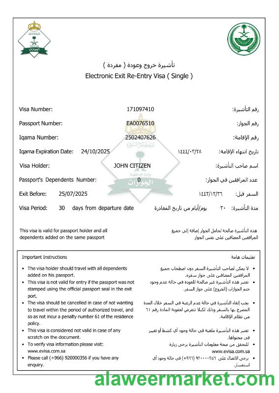 Saudi Arabia e-visa template in Word and PDF formats, version 3